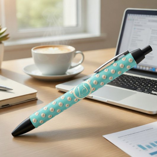 Noir Stylo élégant monogramme avec design perles sarcel