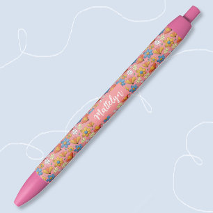 Noir Stylo joli motif floral avec nom