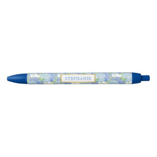 Noir Stylo personnalisé avec nom Fleur d'Hortensia Bleu