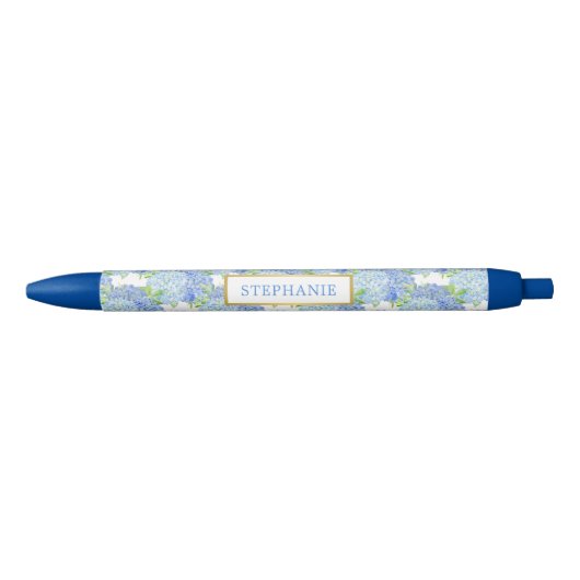 Noir Stylo personnalisé avec nom floral Hydrangea Bleu (Devant)