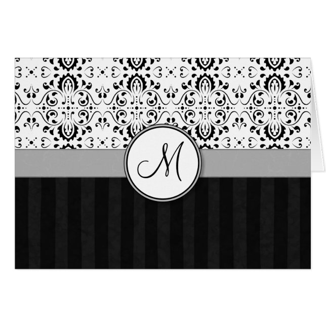 Noir sur blanc Damas et rayures avec Monogramme (Devant horizontal)