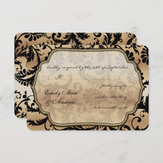 Noir sur or Damask Fils mariage RSVP (Devant / Derrière)