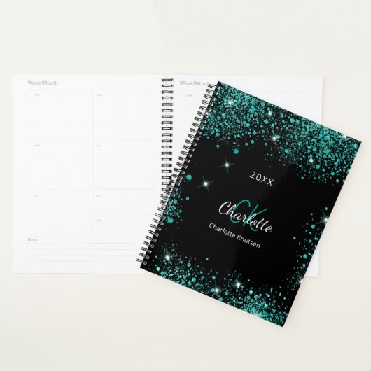 Noir turquoise parties scintillant vert monogramme (Devant avec enveloppe)