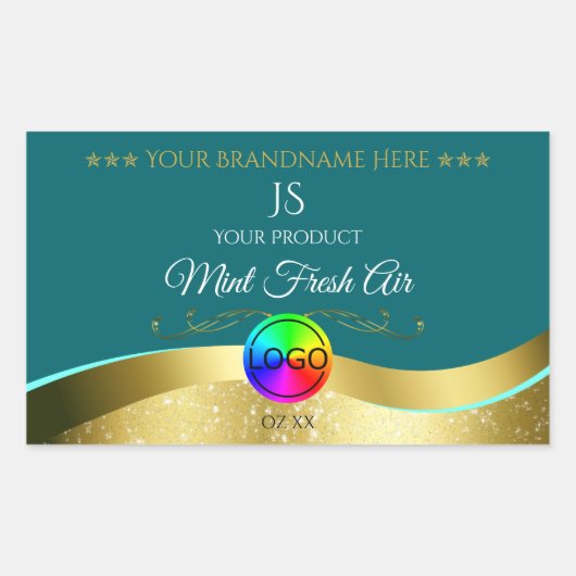 Noir Turquoise Wavy Gold Logo Monogramme Étiquette (Devant)