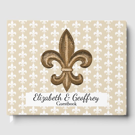Nola Gold & White Franse Fleur de Lis bruiloft Gastenboek (Voorkant)
