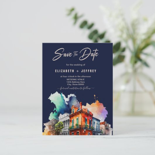 Nola Waterverf New Orleans Bruiloft Save The Date Briefkaart (Staand voorkant)