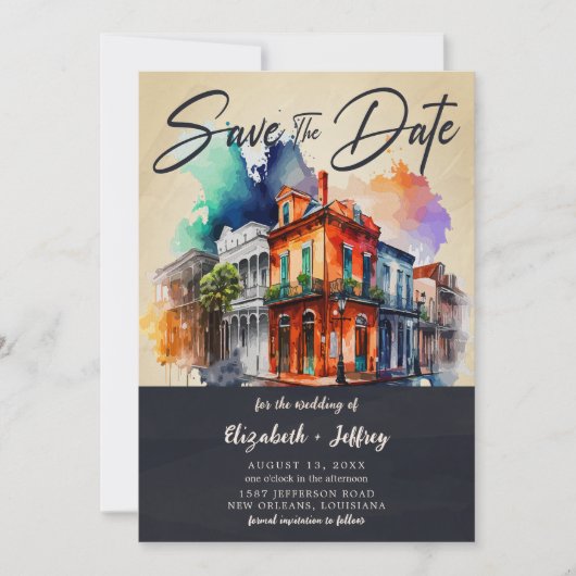 Nola Waterverf New Orleans Bruiloft Save The Date Kaart (Voorkant)