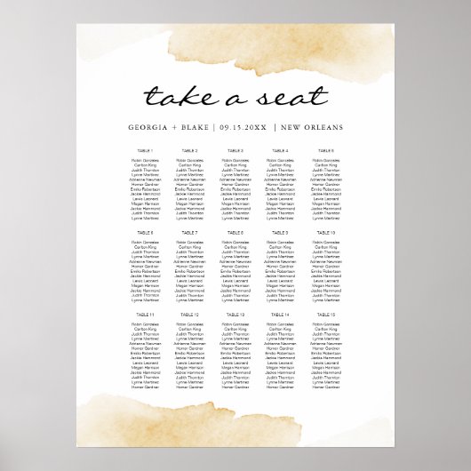 NOLA Yellow Waterverf Wedding Seating Chart Poster (Voorkant)