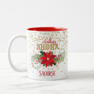 Nollaig Shona Gouden Glitter Poinsettia Kerstmis Tweekleurige Koffiemok