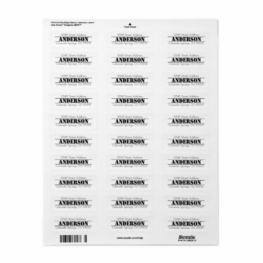 Nom dans le centre - Étiquette de l'adresse de ret (Feuille entière)