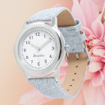 Nom de la fille personnalisée Gris Parties scintil<br><div class="desc">Fille personnalisée Nom Parties scintillant gris bracelet enfant montre</div>