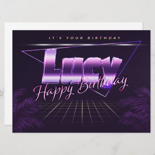 Nom de Lucy Prénom lila retro Carte Anniversaire (Devant / Derrière)