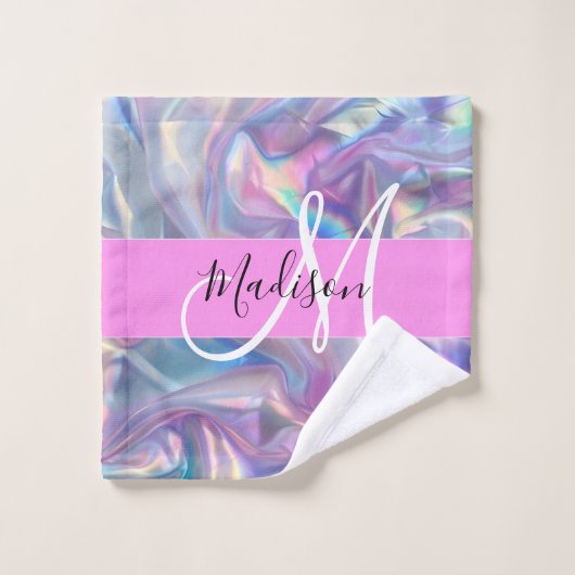 Nom de monogramme holographique iridescent rose fé (Gant de toilette)