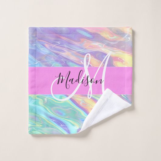 Nom de monogramme holographique iridescent rose fé (Gant de toilette)