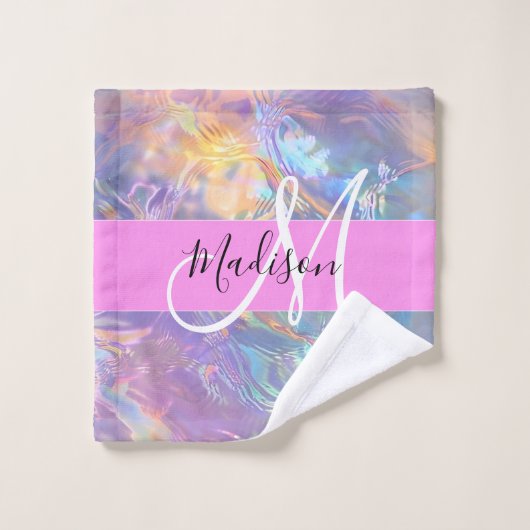 Nom de monogramme holographique iridescent rose fé (Gant de toilette)