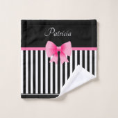 Nom de motif ruban rose et rayures noires et blanc (Gant de toilette)