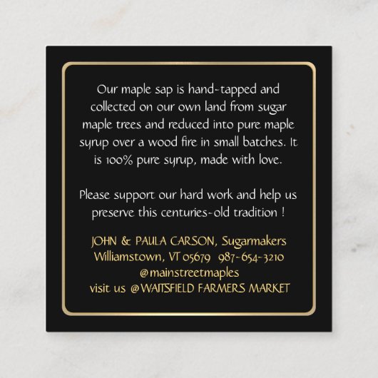 Nom d'état MAPLE SYRUP CARTE DE VISITE avec goutte (Dos)