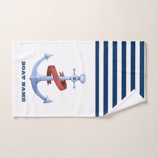 Nom du bateau, Ancre bleue Marine Bleu Blanc rayé (Serviette à main)