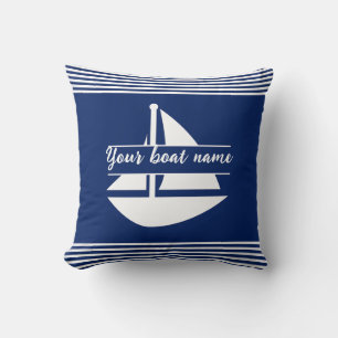 Nom du bateau personnalisé rayé Oreiller bleu mari