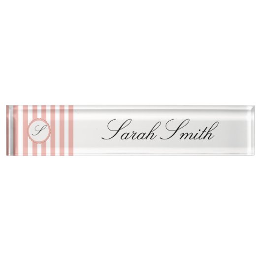 Nom du bureau Monogramme Plaque rose blanc rayé (Devant)