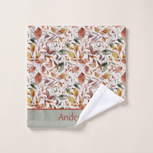 Nom du monogramme Feuilles automnales Vert Orange  (Gant de toilette)