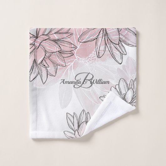 Nom du monogramme Fleurs blanches roses Aquarelle  (Gant de toilette)