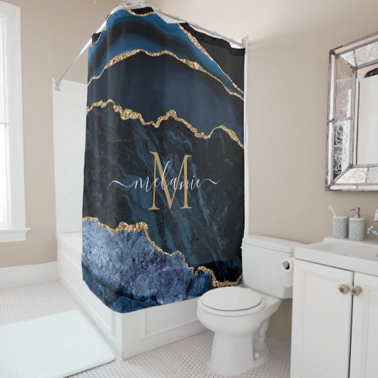 Nom du monogramme Rideau de douche en marbre bleu (En situation)