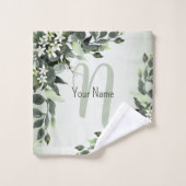 Nom du monogramme Vert Floral Eucalyptus Feuilles (Gant de toilette)
