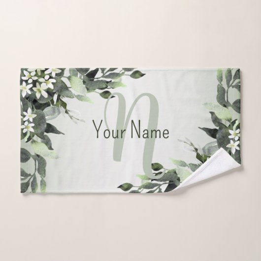 Nom du monogramme Vert Floral Eucalyptus Feuilles (Serviette à main)