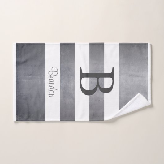 Nom élégant monogramme rayé Gris (Serviette à main)