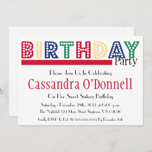 Nom En Lumière Invitations De Fête Anniversaire (R (Devant / Derrière)