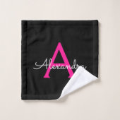 Nom en monogramme de script girly rose chaud noir (Gant de toilette)