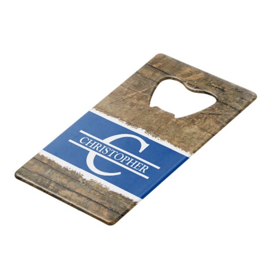 Nom initial customisé rustique faux bois bleu (Devant Angle)