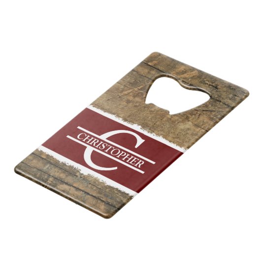 Nom initial customisé rustique faux bois bordeaux (Dos Angle)