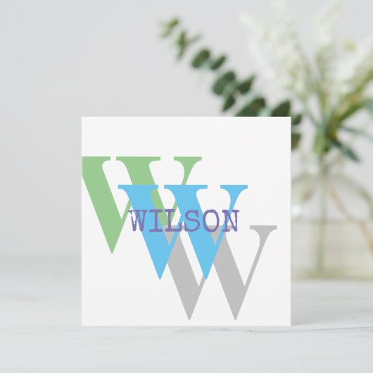 Nom monogramme bleu gris VERT chic Invitation (Debout devant)