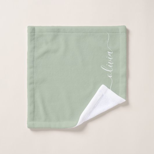 Nom Monogramme Féminin Écriture Moderne Vert Sauge (Gant de toilette)