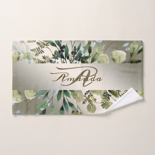 Nom Monogramme Feuilles Vertes Bronze Doré Élégant (Serviette à main)