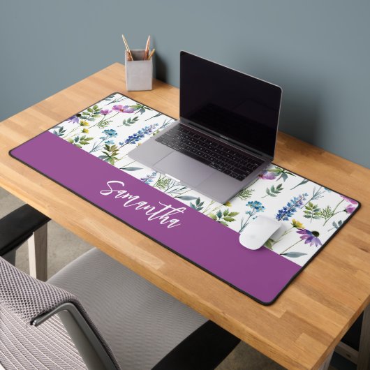 Nom monogramme fleur sauvage aquarelle bleu violet (Bureau 2)