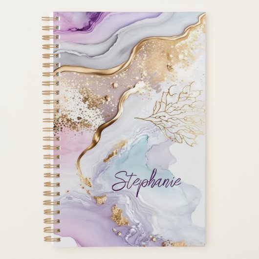Nom Monogramme Lavis Aquarelle Violet Bleu Or (Devant)