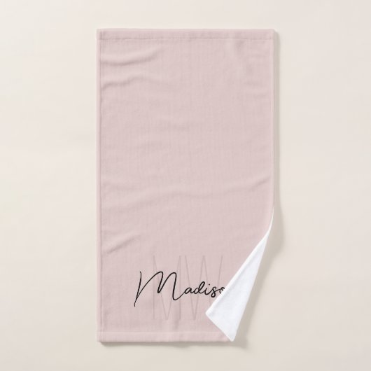 Nom Monogramme moderne Script Blush Pink (Serviette à main)
