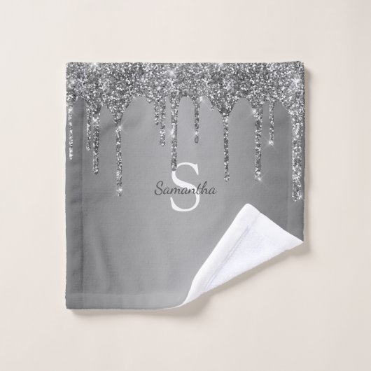 Nom Monogramme Paillettes Argentées (Gant de toilette)