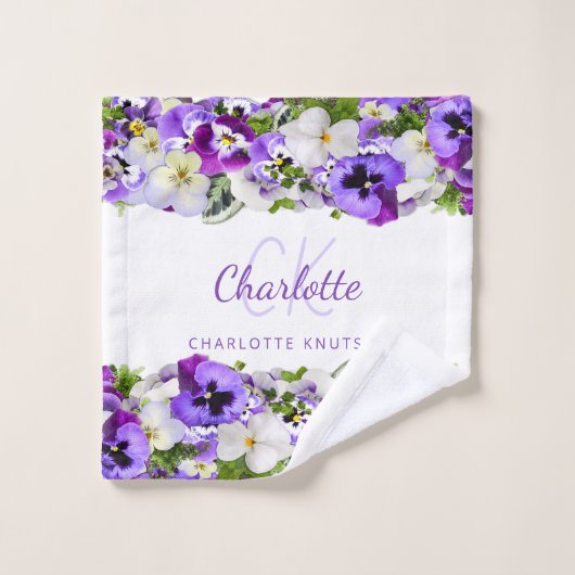 Nom monogramme violet blanc à fleurs (Gant de toilette)