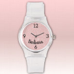 Nom, Parties scintillant rose Fille Bracelet en si<br><div class="desc">Une montre sportive avec bracelet en silicone transparent durable et face en faux parties scintillant rose pâle. Le nom est une police de script noir en gras. Modifiez facilement le nom, remplacez par des initiales monographiques ou retirez-le pour le rendre vôtre en utilisant le Modèle fourni. Choisissez parmi d'autres styles...</div>
