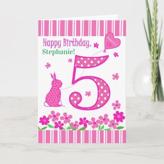 Nom personnalisé 5e anniversaire avec carte lapin (Devant)