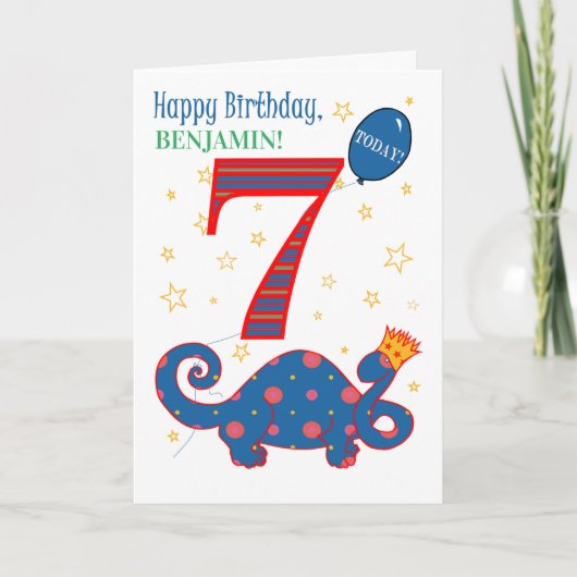 Nom personnalisé 7e anniversaire avec carte Dinosa (Devant)