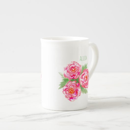Nom personnalisé Bone China Mug Rose Aquarelle (Devant droit)