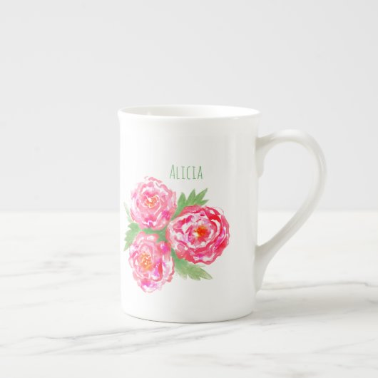 Nom personnalisé Bone China Mug Rose Aquarelle (Droite)