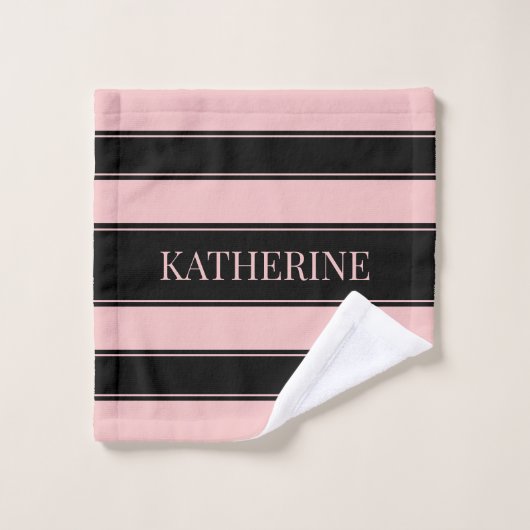 Nom personnalisé en noir et rose rayé (Gant de toilette)