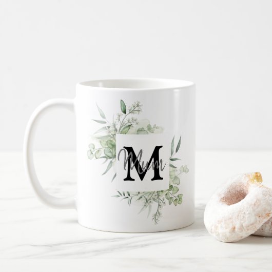 Nom personnalisé et Mug initial avec verdure (Avec donut)