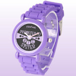 Nom personnalisé grande soeur noir violet enfants<br><div class="desc">Célébrez le moment spécial de devenir une grande soeur avec cette montre personnalisée pour enfants ! Dotée d'un design cool noir et violet clair, cette montre porte fièrement le titre "Promoted to Big Sister" avec le nom de votre fille sur le visage. C'est le cadeau parfait pour toute nouvelle grande...</div>